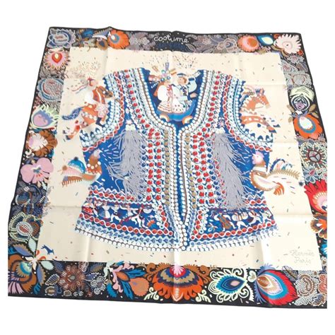 HERMES Silk Costume de Fete Scarf 90 Black Creme Bleu 